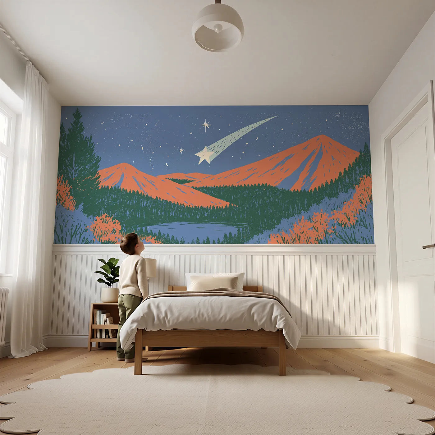 Child reading near Carved Star Streak Night Wainscoting Wallpaper by Whimsy Tots