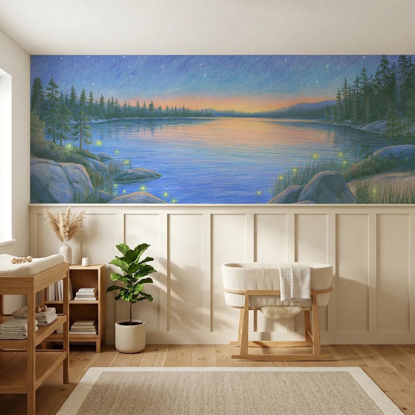 Colored pencil wainscoting mural of a starry lake at quiet night by Whimsy Tots