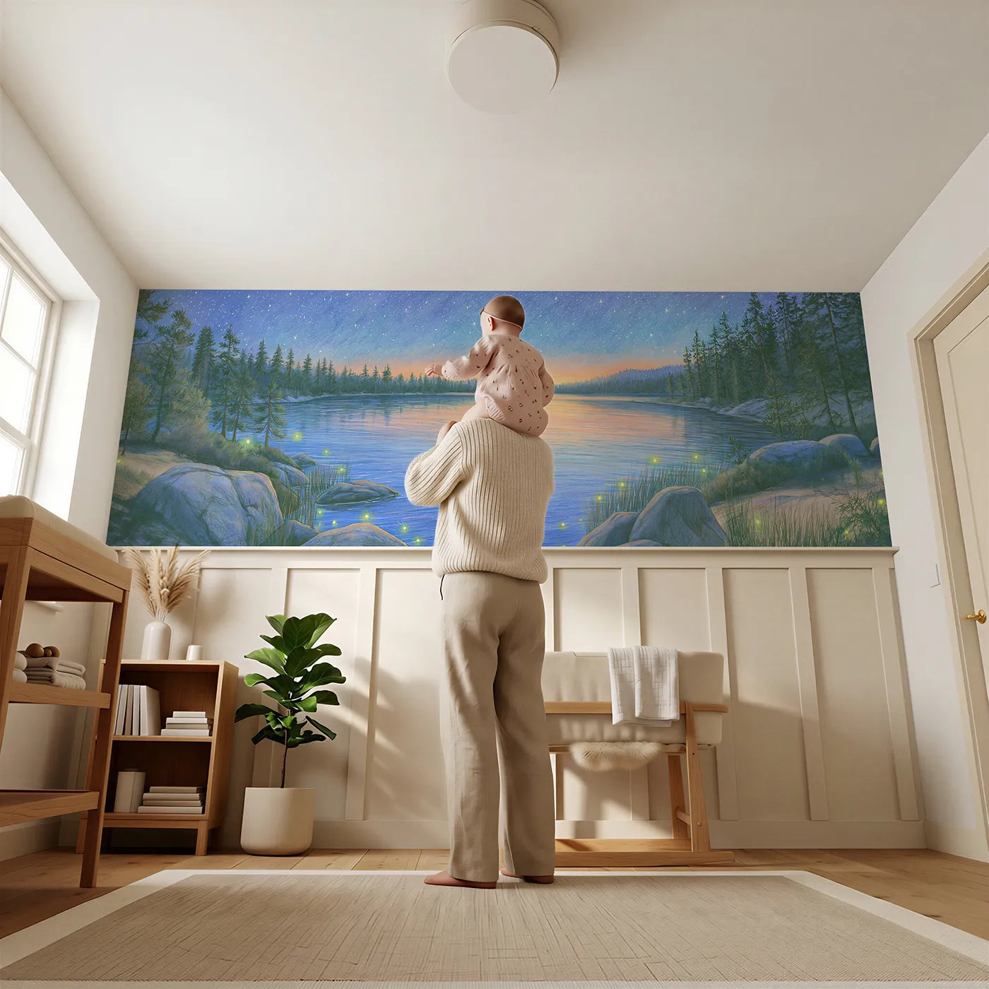 Child reading near Starry Lake Quiet Night Wainscoting Wallpaper by Whimsy Tots
