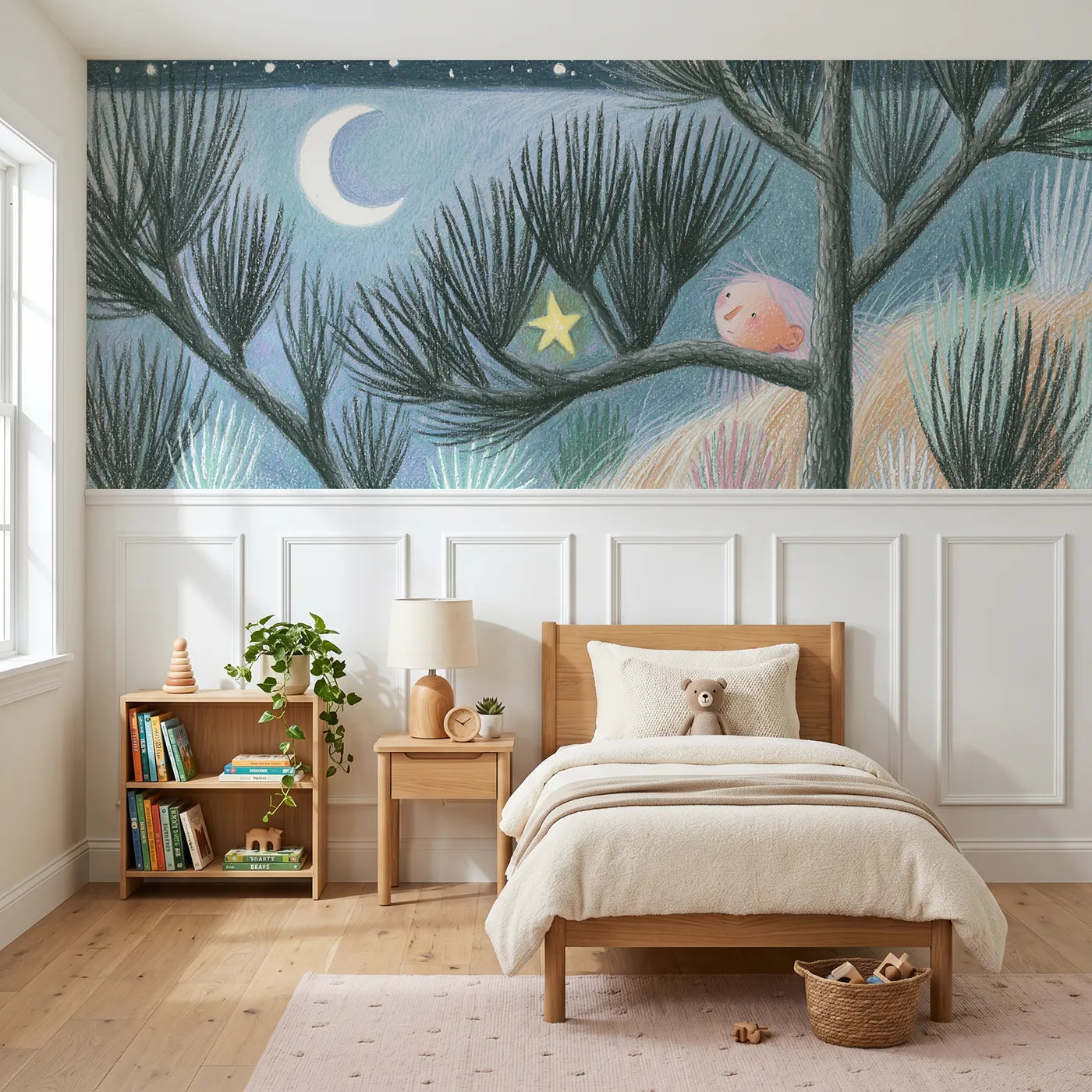 Colored pencil wainscoting wallpaper of a star resting in pines by Whimsy Tots