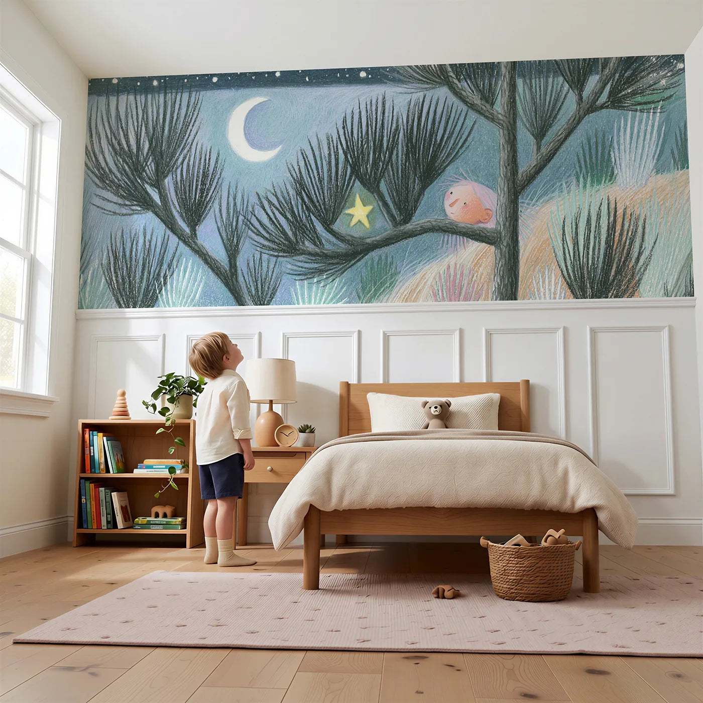 Child reading near Star Resting In Branches Wainscoting Wallpaper by Whimsy Tots