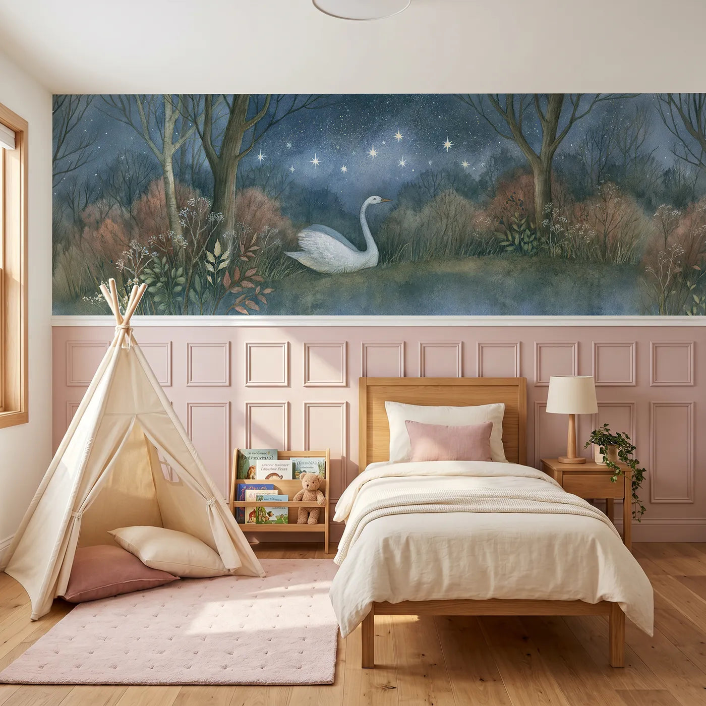 Storybook wainscoting wallpaper of a swan constellation rising by Whimsy Tots