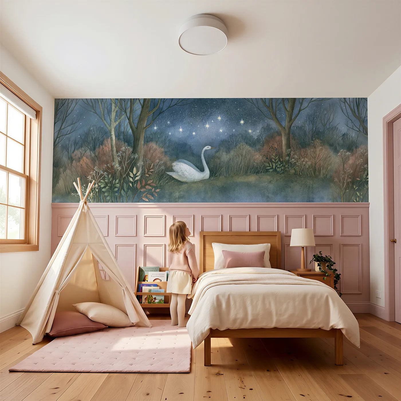 Child reading near Swan Stars Rising Night Wainscoting Wallpaper by Whimsy Tots