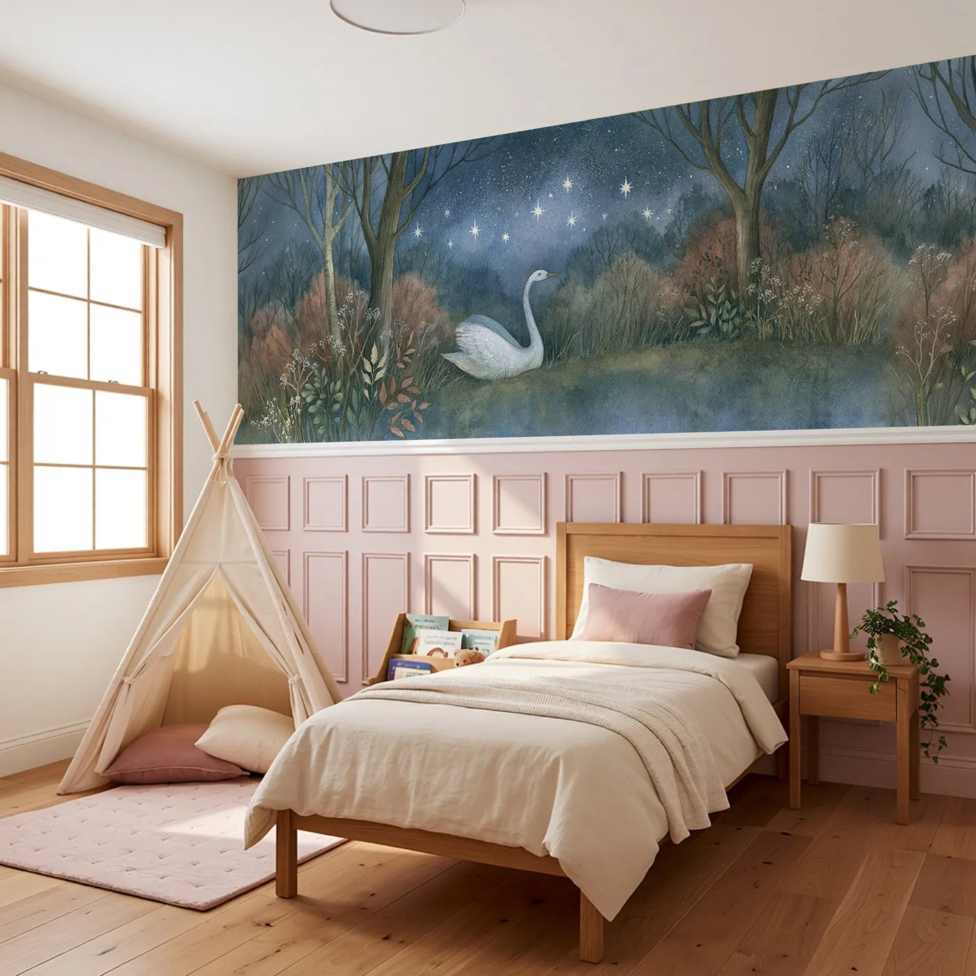 Swan Stars Rising Night Wainscoting Wallpaper styled in a kids room by Whimsy Tots