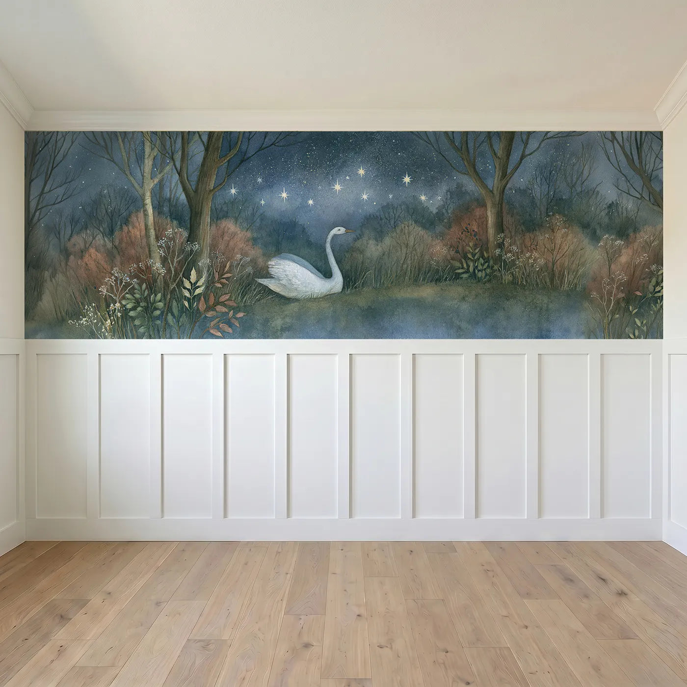 Full panel view of Swan Stars Rising Night Wainscoting Wallpaper by Whimsy Tots