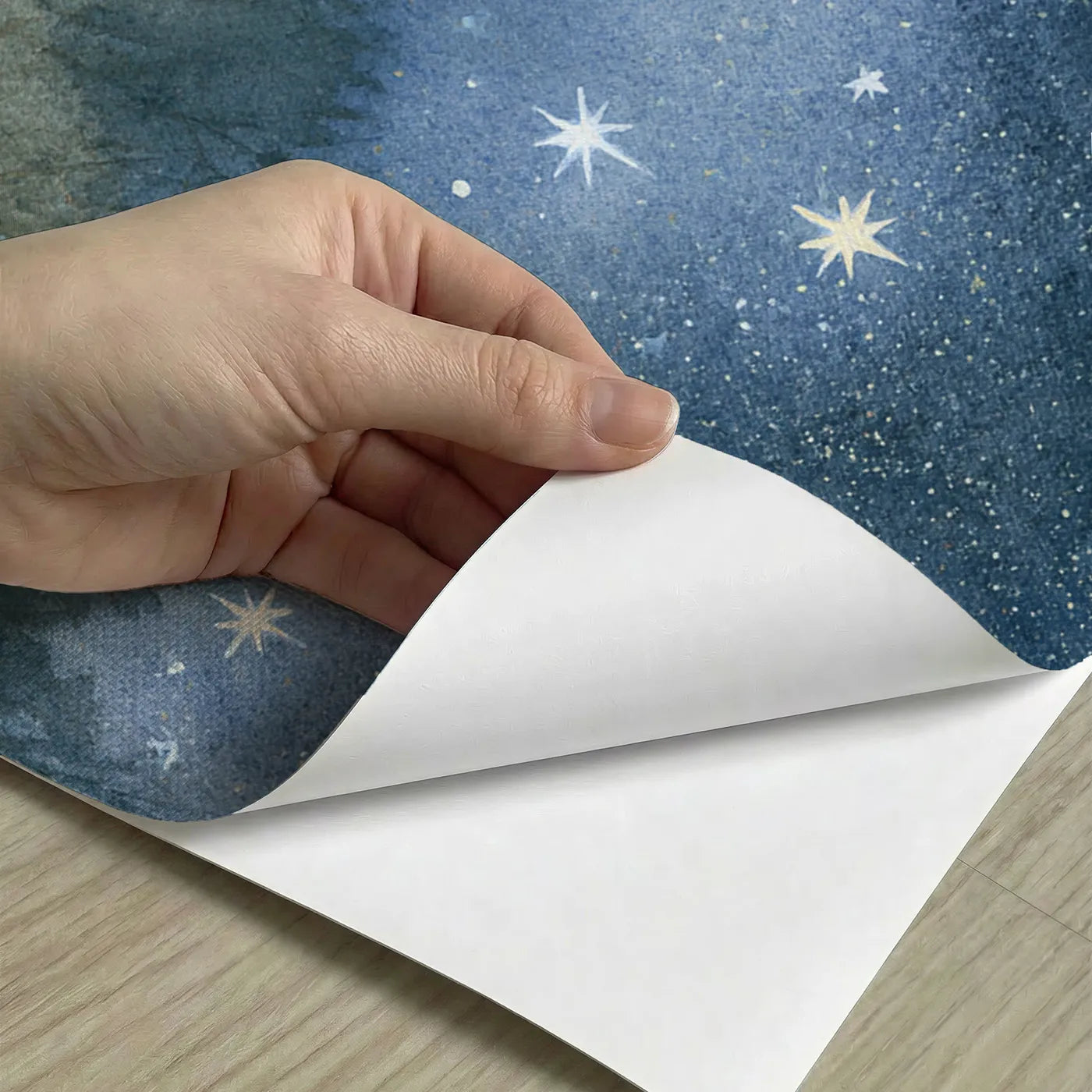 Peel-and-stick detail of Swan Stars Rising Night Wainscoting Wallpaper by Whimsy Tots