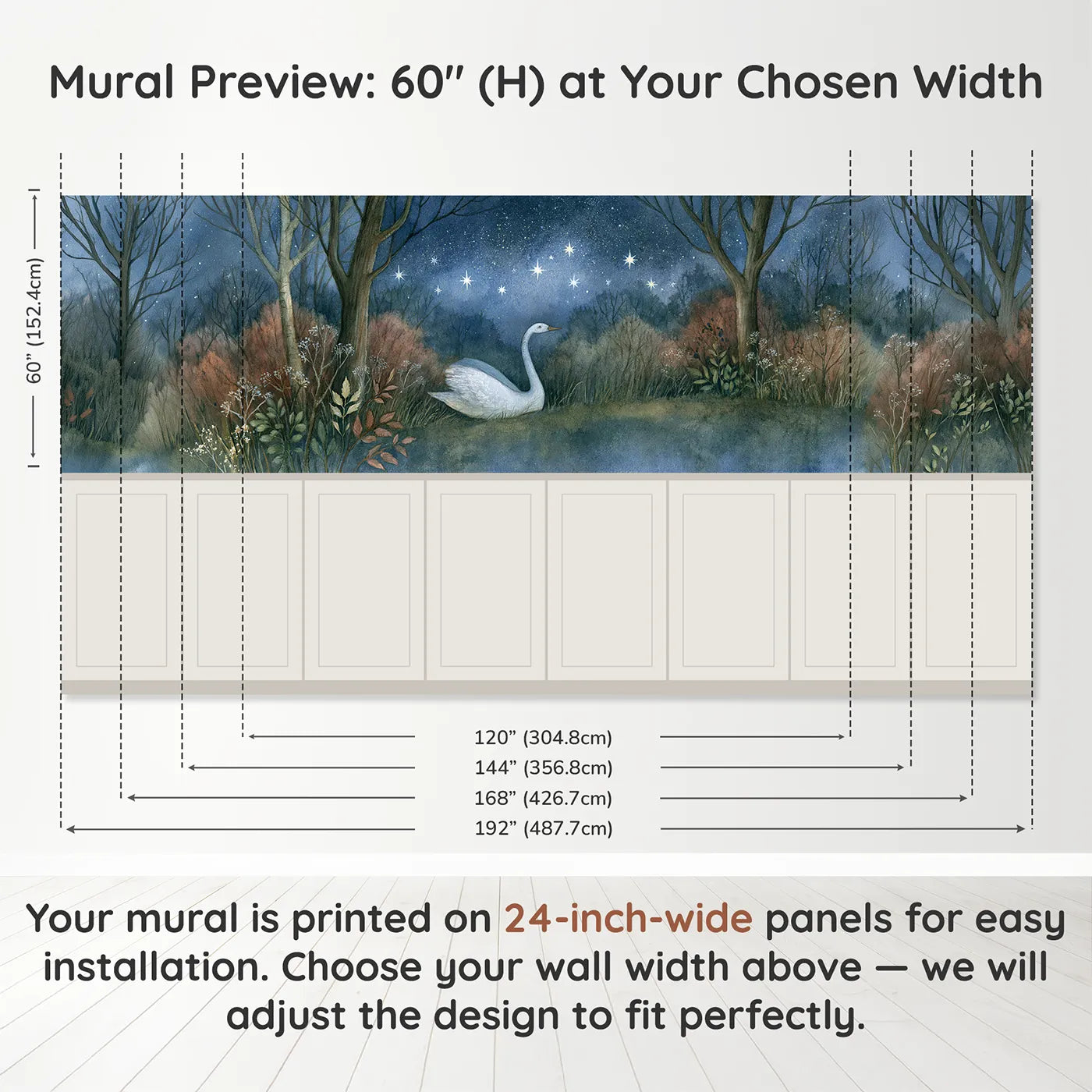 Panel dimensions for Swan Stars Rising Night Wainscoting Wallpaper by Whimsy Tots