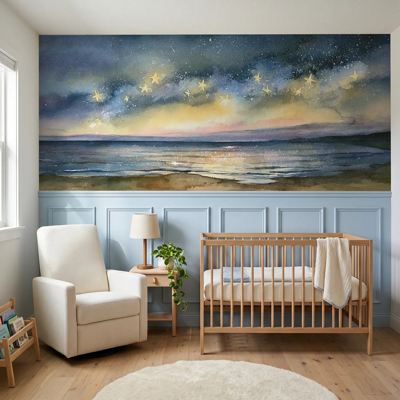 Watercolor wainscoting wallpaper of stars resting on lake water by Whimsy Tots