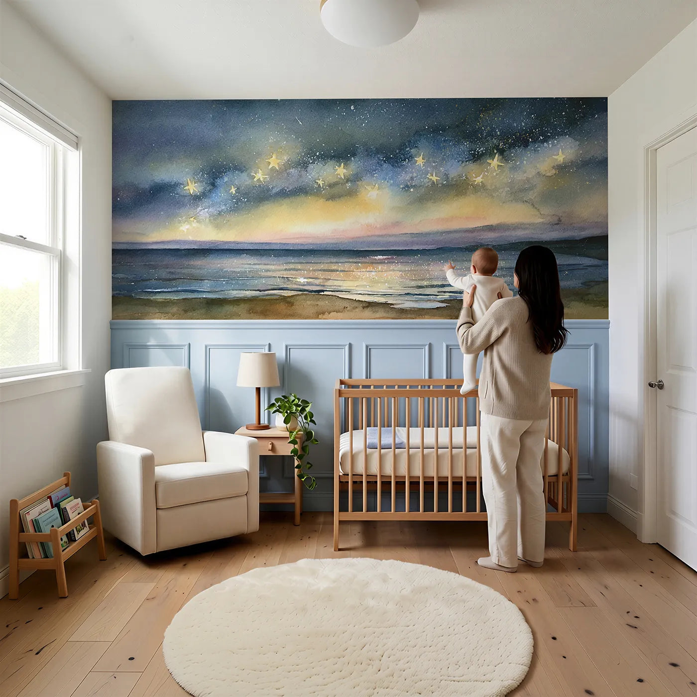 Child reading near Stars On Still Water Wainscoting Wallpaper by Whimsy Tots