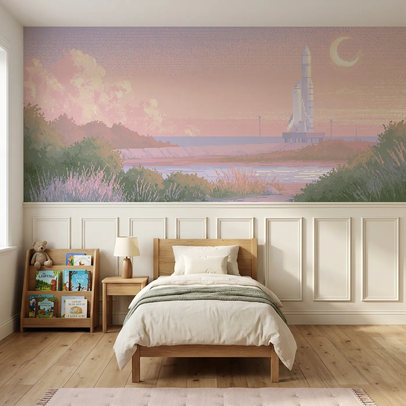 Soft pastel wainscoting wallpaper of a rocket resting at dawn by Whimsy Tots