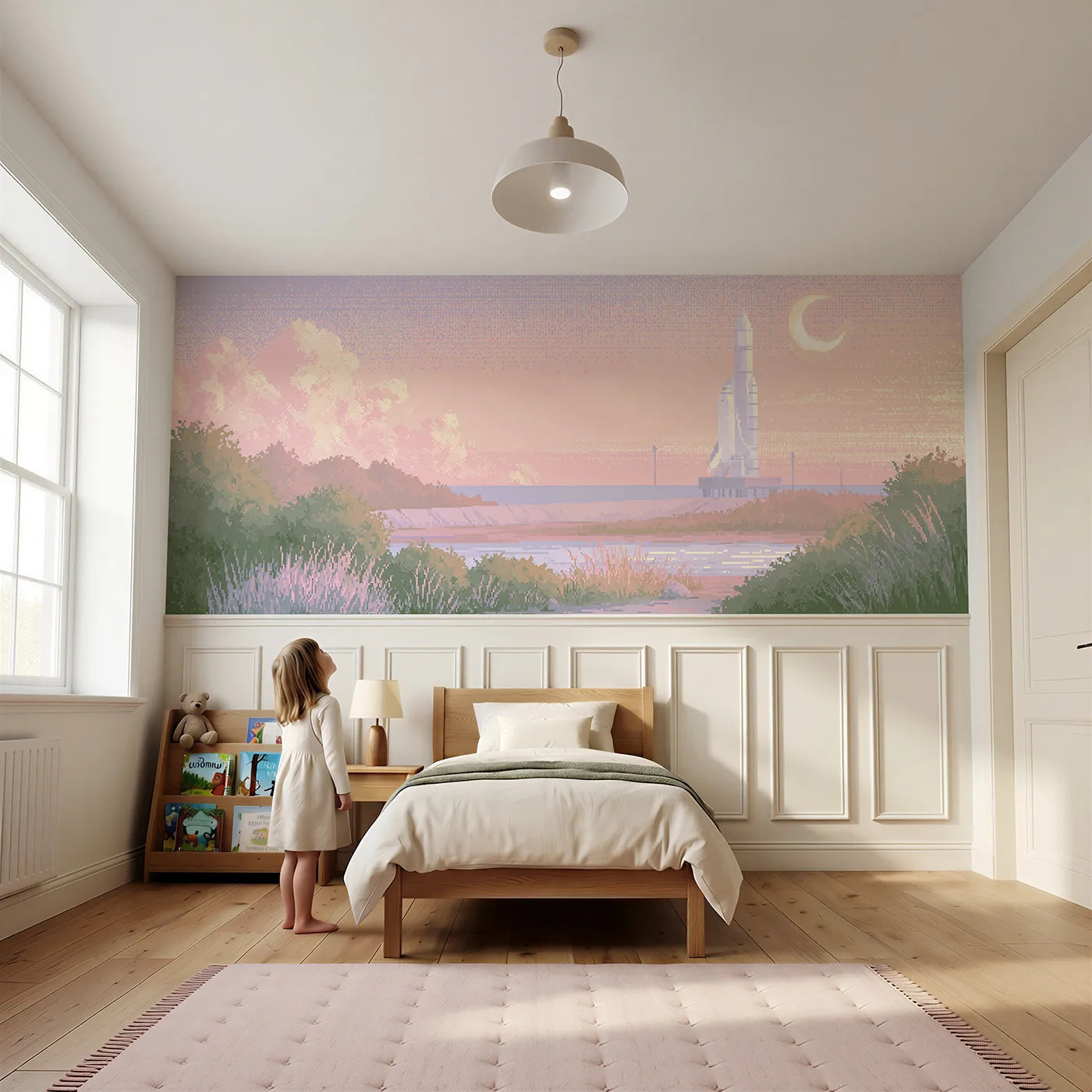 Child reading near Rocket Resting At Dawn Wainscoting Wallpaper by Whimsy Tots