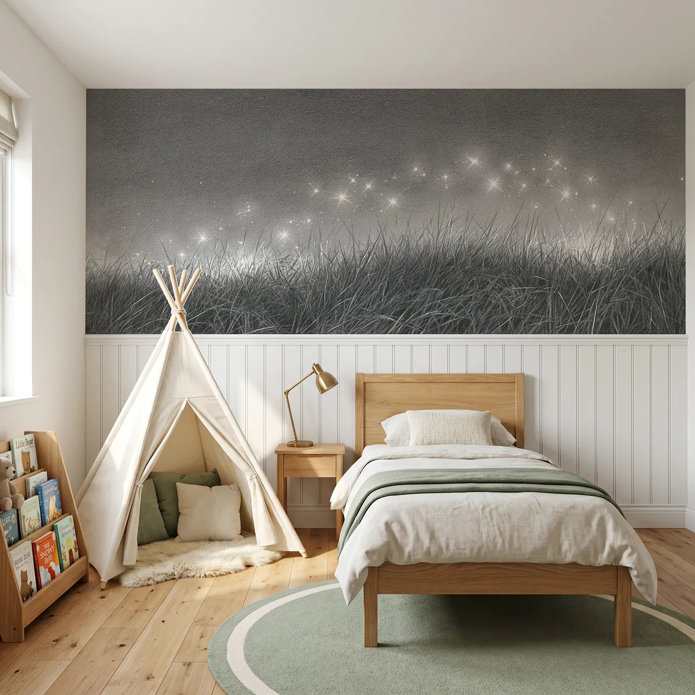 Colored pencil wainscoting wallpaper of a star cluster over meadow grass by Whimsy Tots