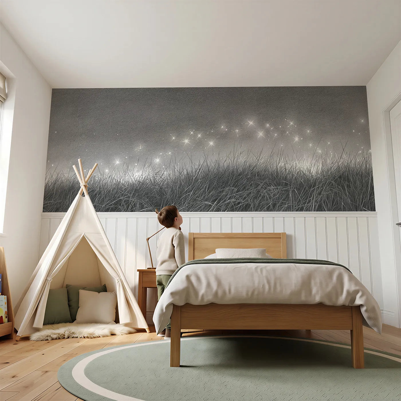 Child reading near Star Cluster Meadow Night Wainscoting Wallpaper by Whimsy Tots