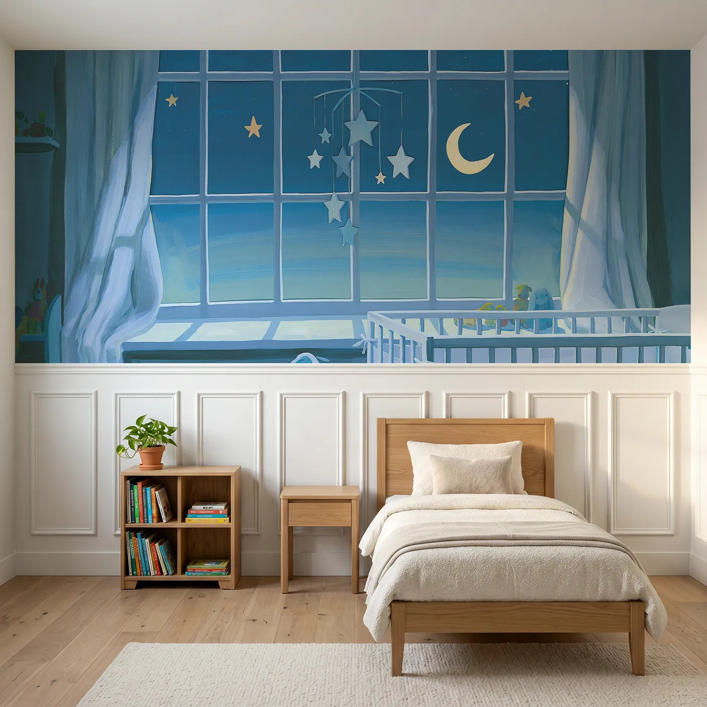 Modern illustration wainscoting wallpaper of a star mobile at a window by Whimsy Tots