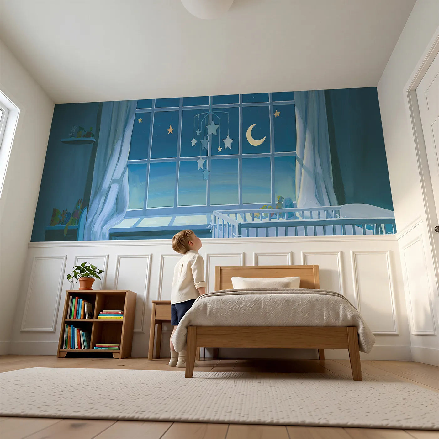 Child reading near Star Mobile Turning Slow Wainscoting Wallpaper by Whimsy Tots