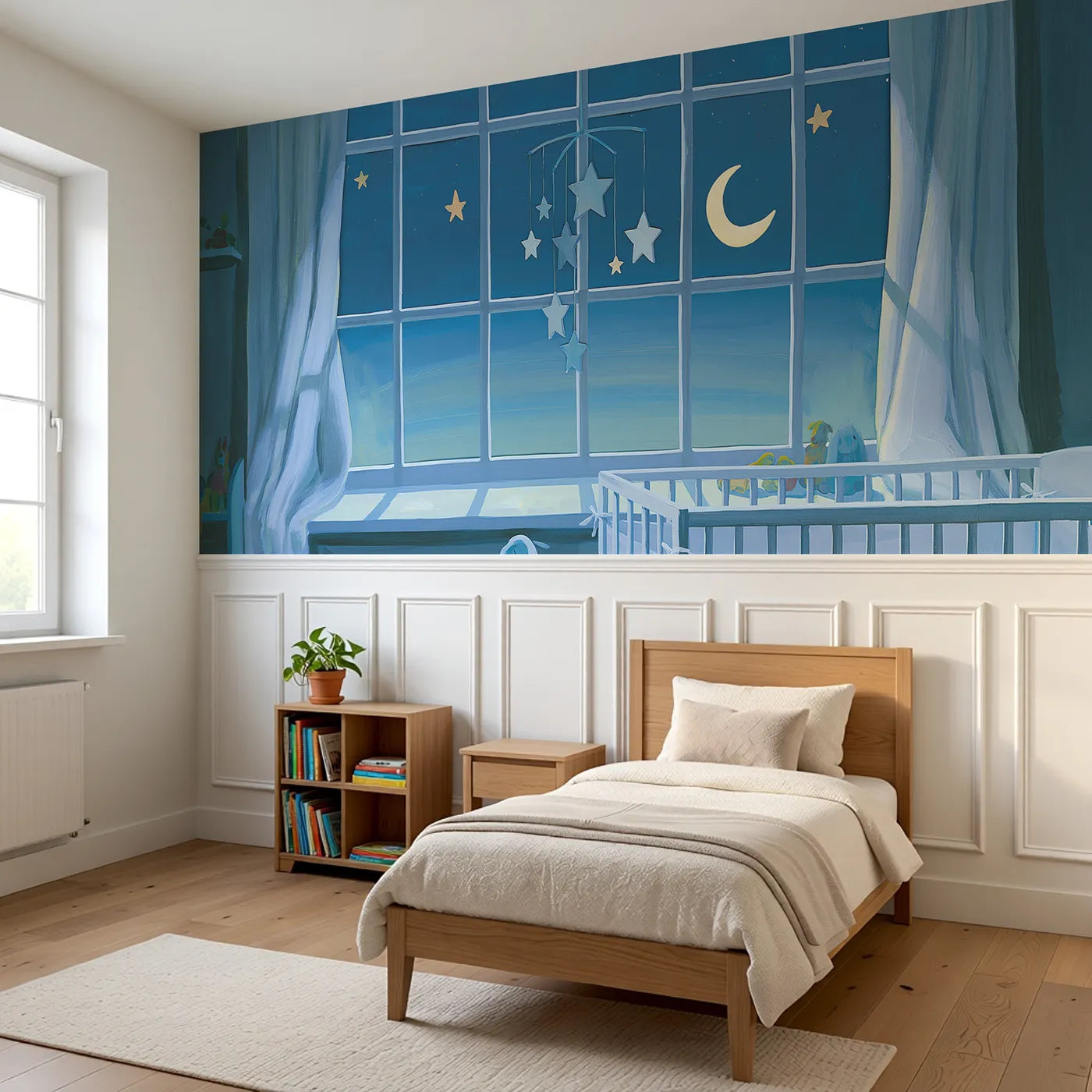 Star Mobile Turning Slow Wainscoting Wallpaper styled in a kids room by Whimsy Tots