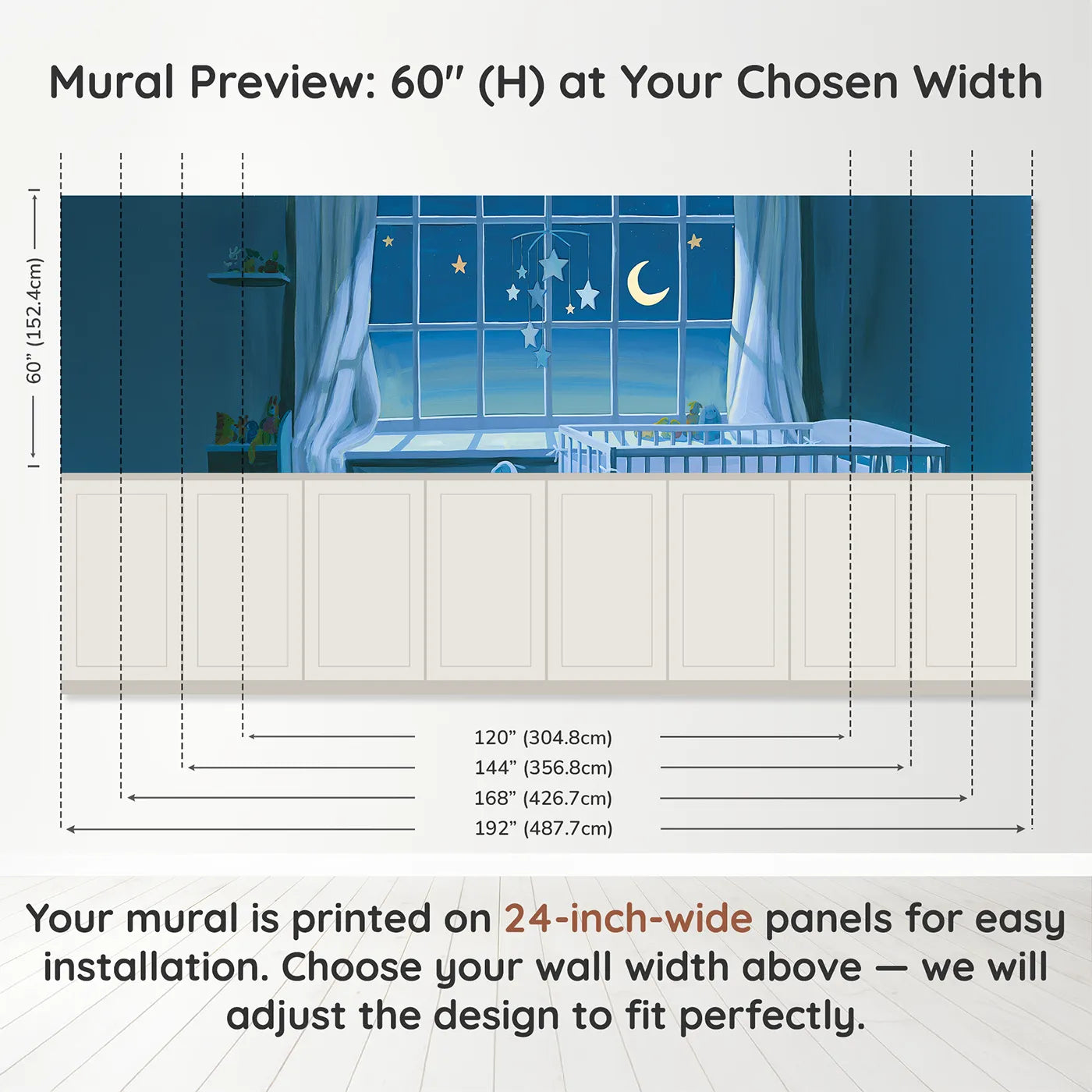 Panel dimensions for Star Mobile Turning Slow Wainscoting Wallpaper by Whimsy Tots