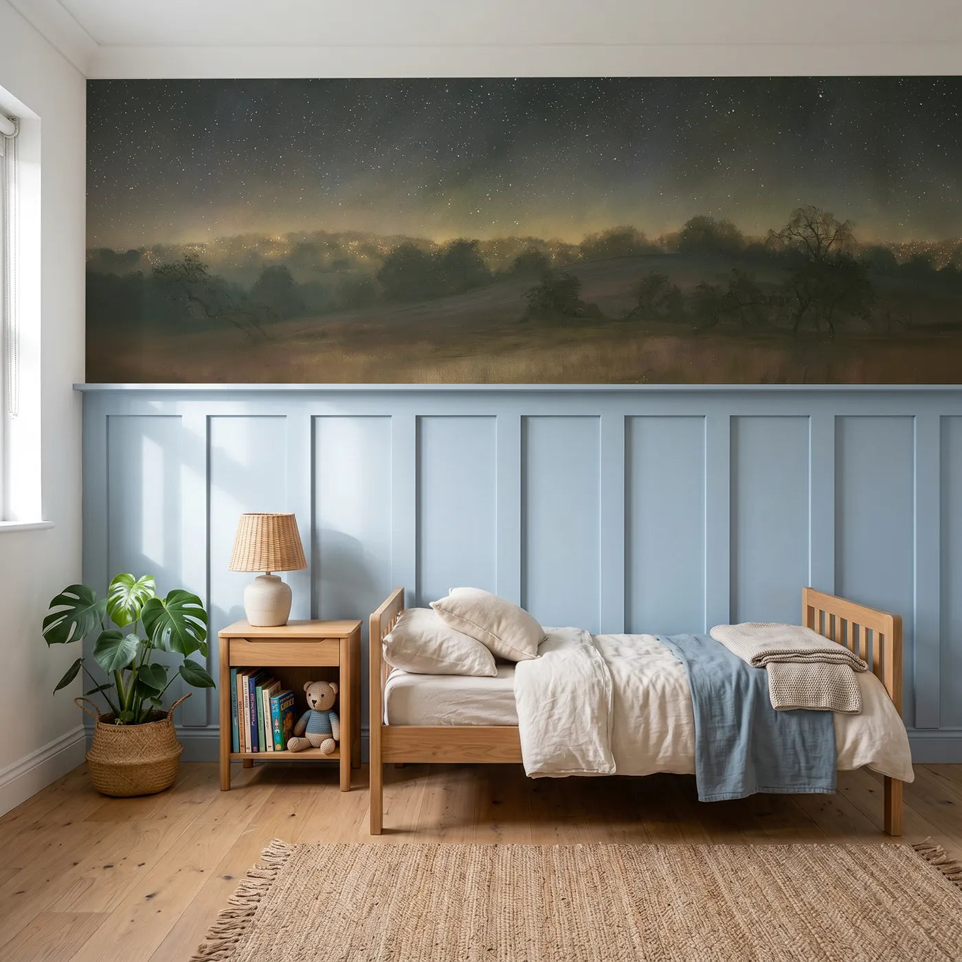 Watercolor wainscoting wallpaper of clear stars after evening rain by Whimsy Tots