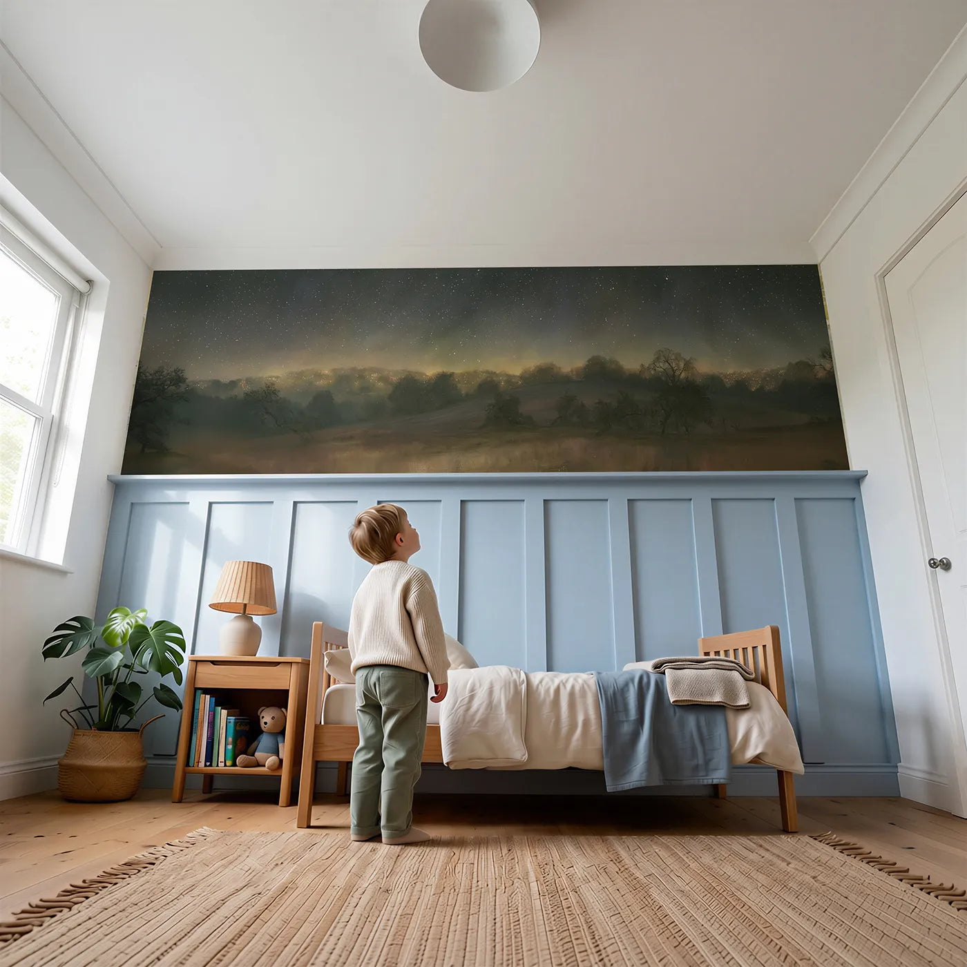 Child reading near Stars After Evening Rain Wainscoting Wallpaper by Whimsy Tots