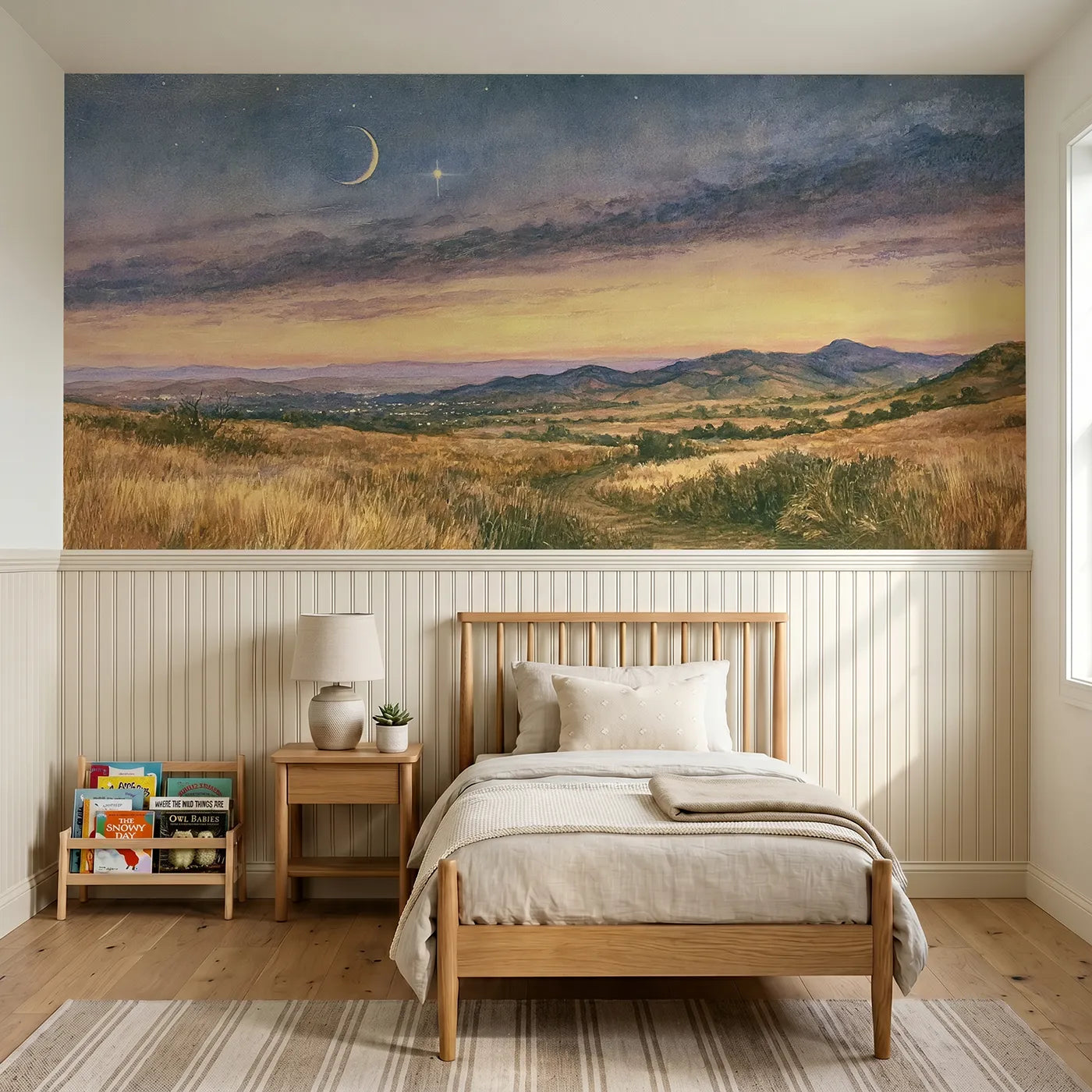 Storybook wainscoting wallpaper of a crescent moon meeting a star by Whimsy Tots