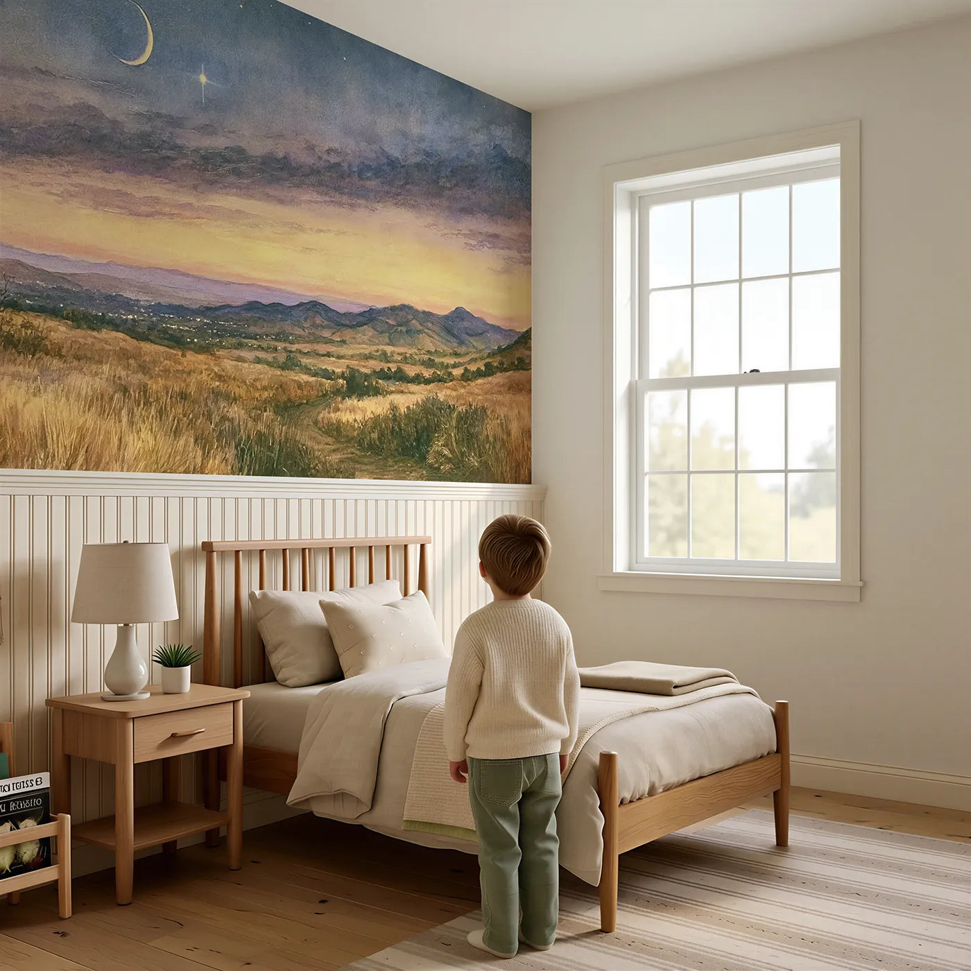 Child reading near Moon Meets Evening Star Wainscoting Wallpaper by Whimsy Tots