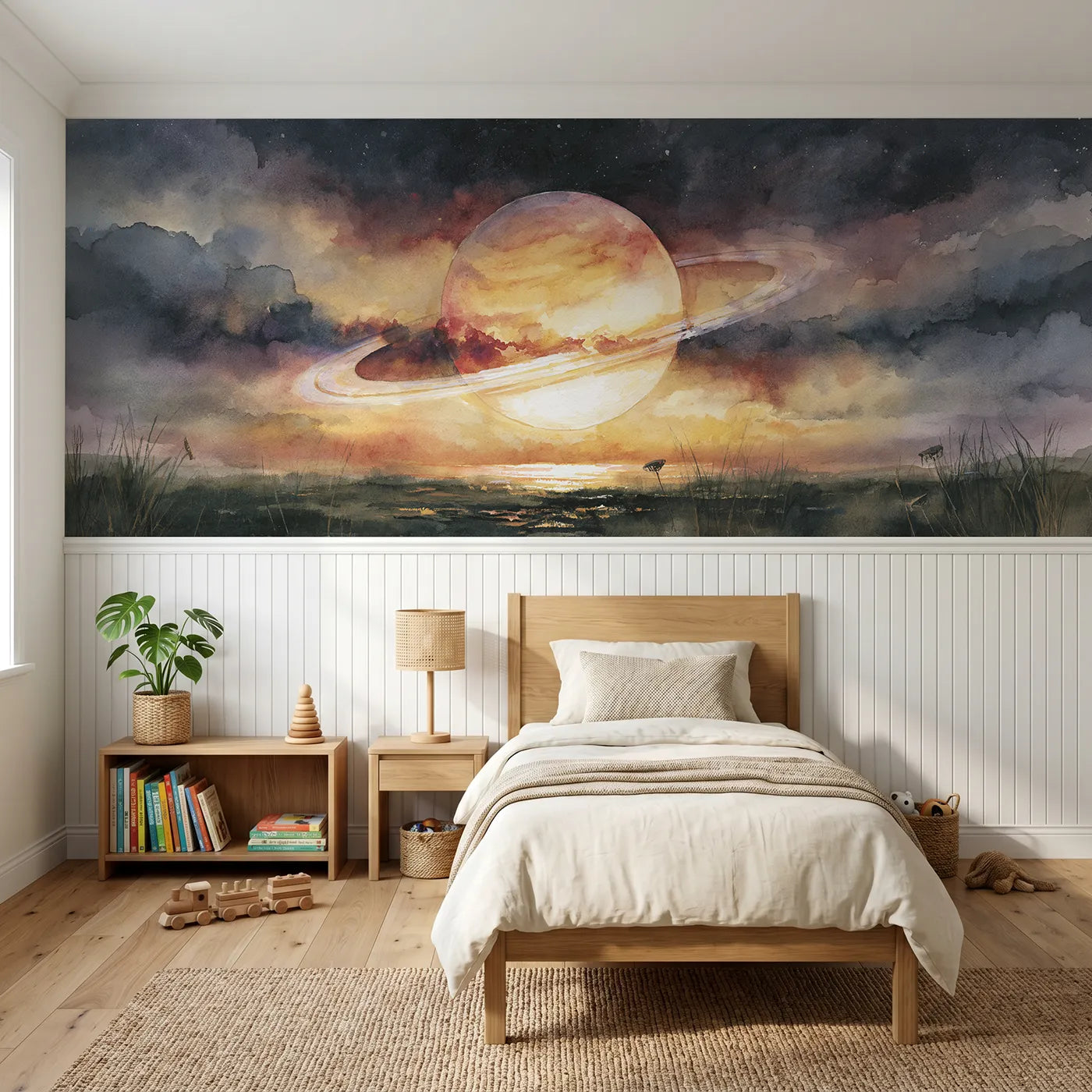 Watercolor wainscoting wallpaper of a ringed planet rising over meadow by Whimsy Tots