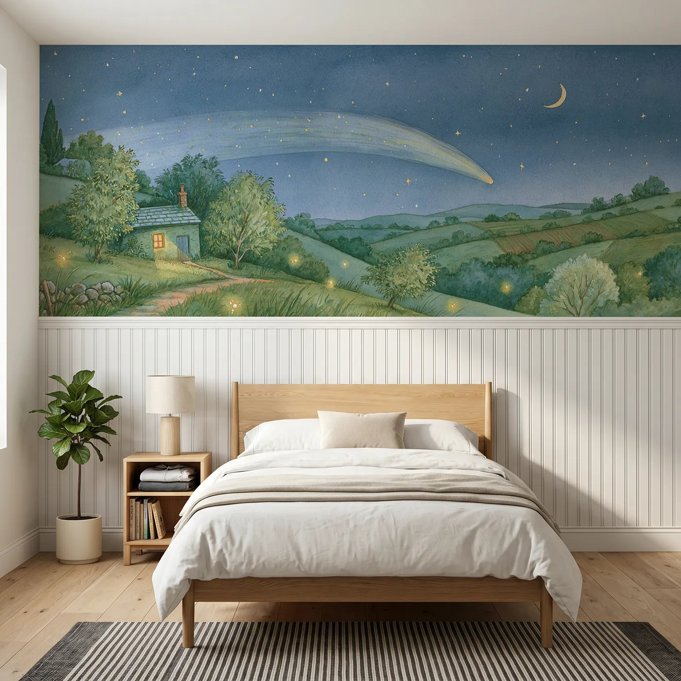 Storybook wainscoting wallpaper of a comet arcing over hills by Whimsy Tots