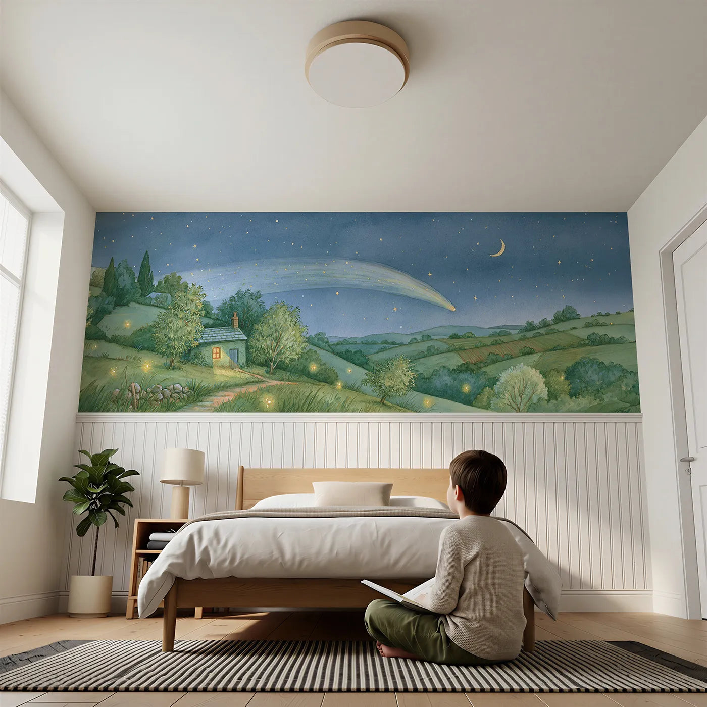 Child reading near The Comet Over The Hills Wainscoting Wallpaper by Whimsy Tots