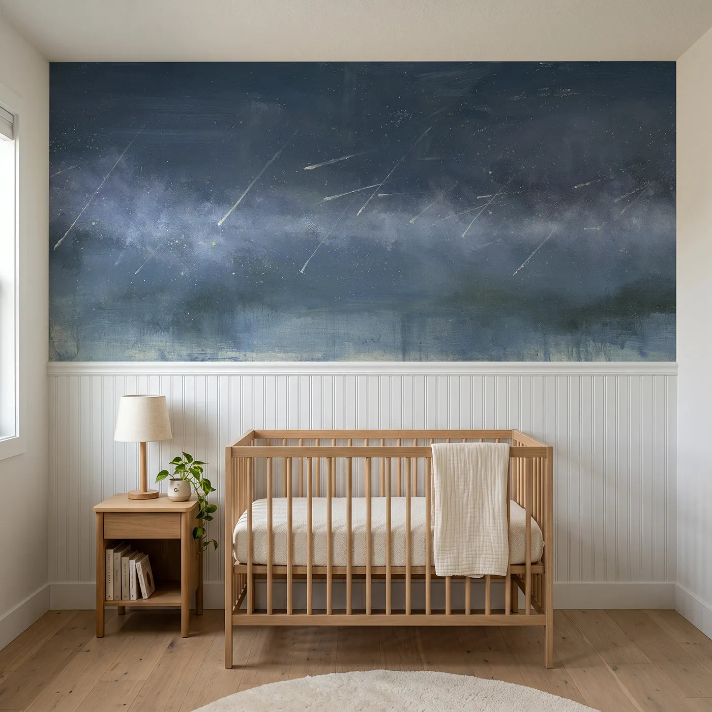 Watercolor wainscoting mural of a gentle meteor shower at night by Whimsy Tots