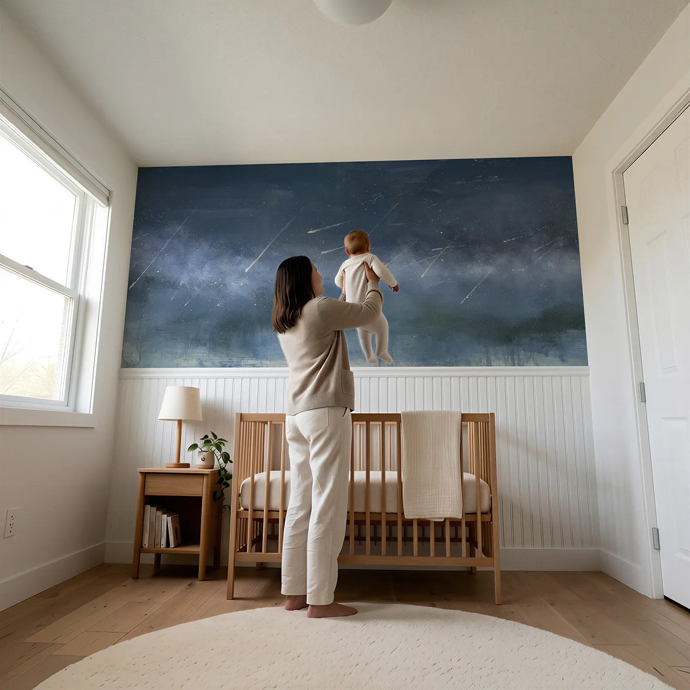Child reading near Gentle Meteor Shower Night Wainscoting Wallpaper by Whimsy Tots