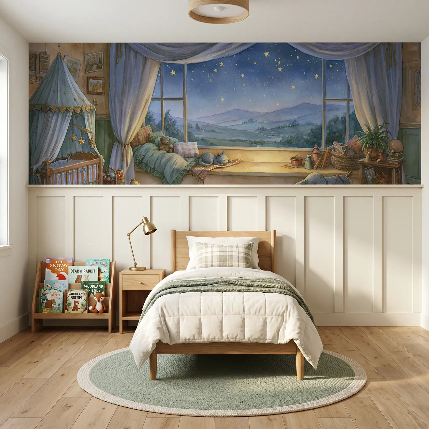 Storybook wainscoting wallpaper of stars through a nursery window by Whimsy Tots