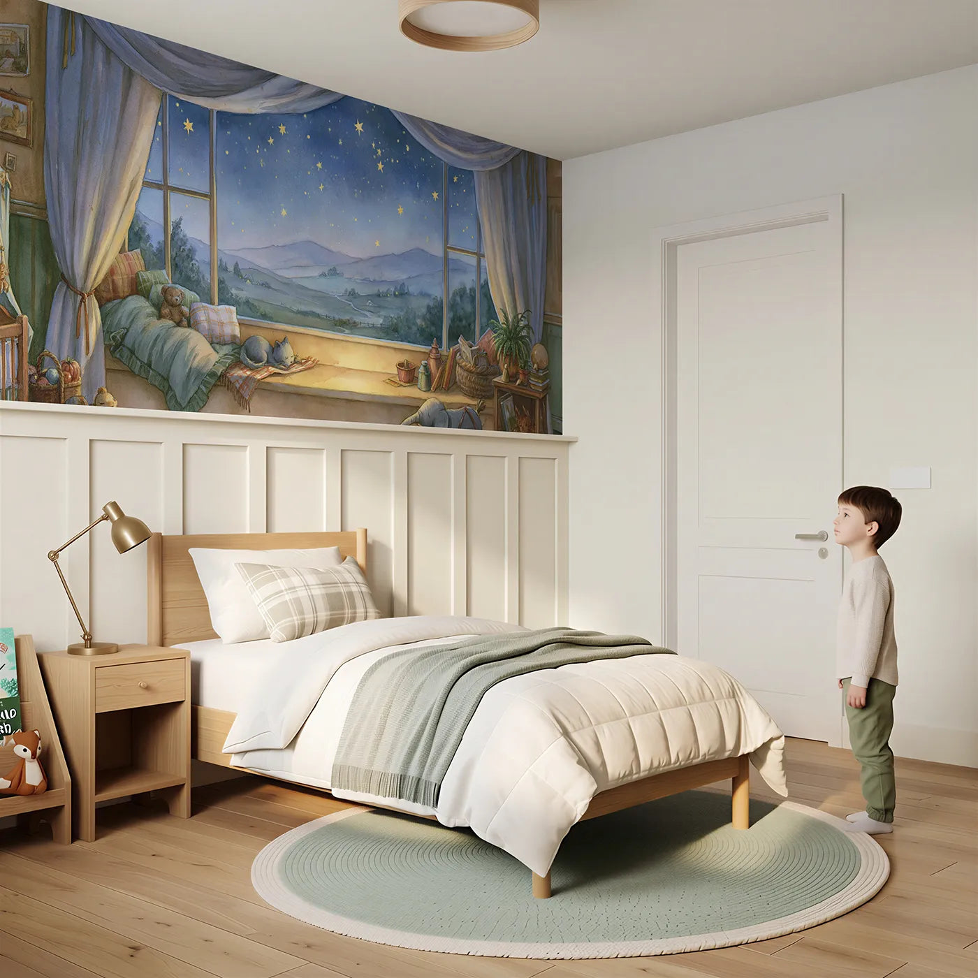 Child reading near Stars At The Window Wainscoting Wallpaper by Whimsy Tots
