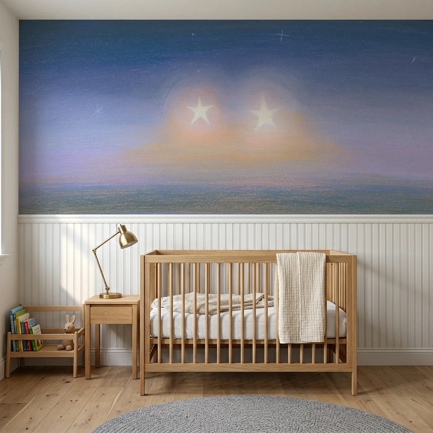 Colored pencil wainscoting wallpaper of twin stars shining together by Whimsy Tots