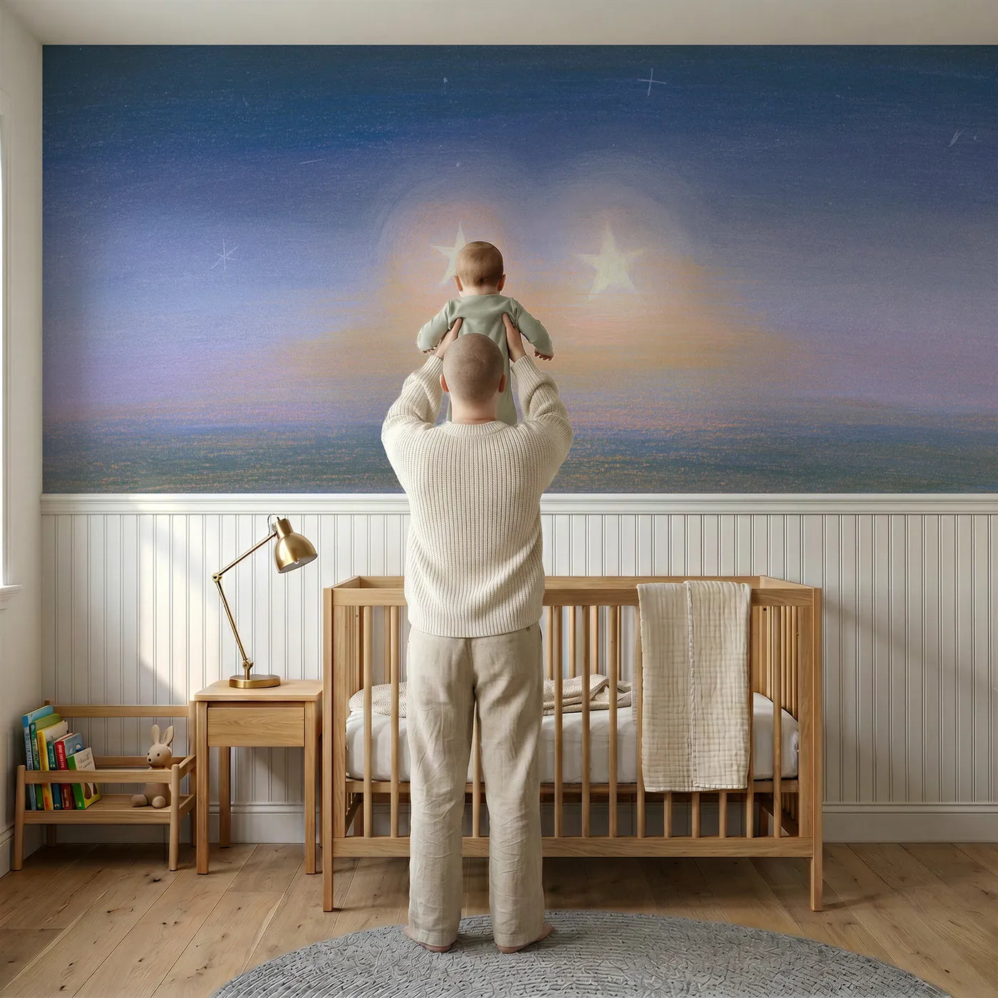 Child reading near Twin Stars Side By Side Wainscoting Wallpaper by Whimsy Tots
