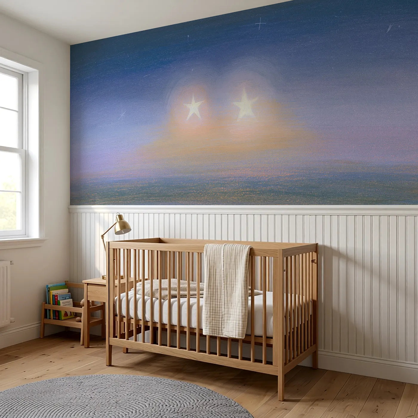 Twin Stars Side By Side Wainscoting Wallpaper styled in a kids room by Whimsy Tots