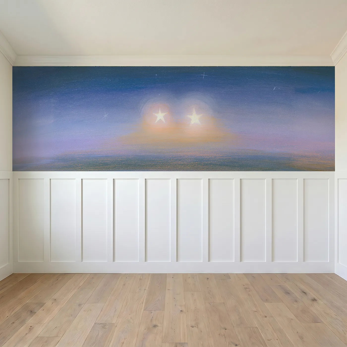 Full panel view of Twin Stars Side By Side Wainscoting Wallpaper by Whimsy Tots