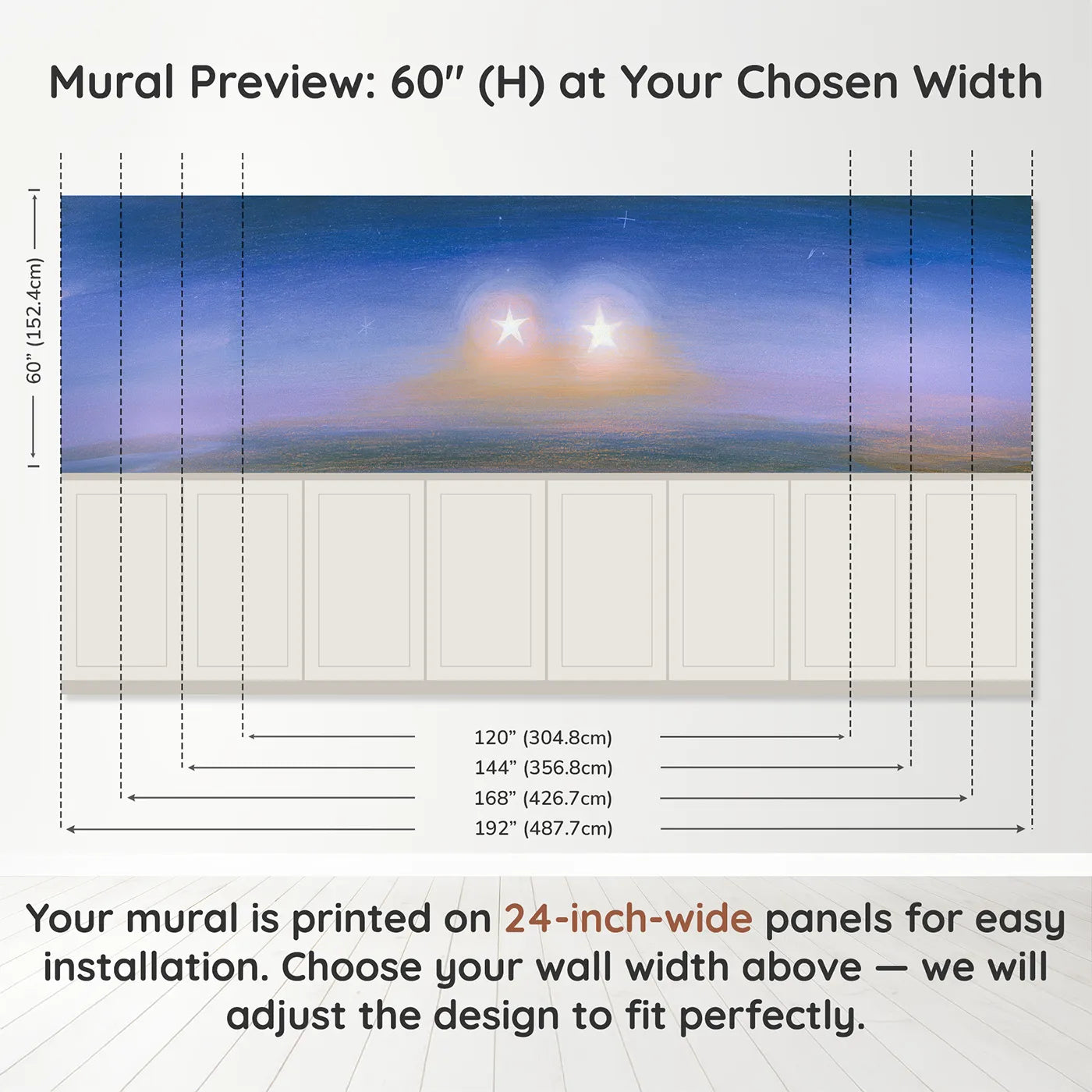 Panel dimensions for Twin Stars Side By Side Wainscoting Wallpaper by Whimsy Tots