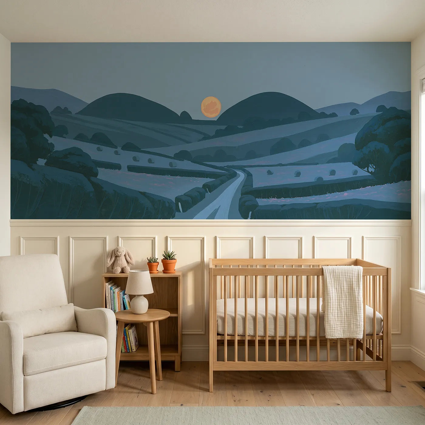 Modern illustration wainscoting wallpaper of a low moon behind hills by Whimsy Tots