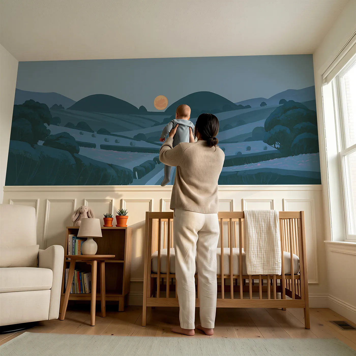 Child reading near Low Moon Soft Hills Wainscoting Wallpaper by Whimsy Tots