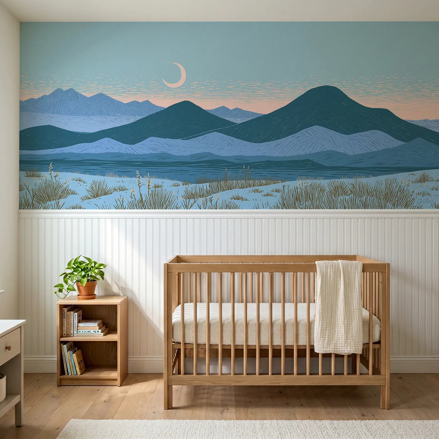 Block print wainscoting wallpaper of a carved moon setting at dawn by Whimsy Tots