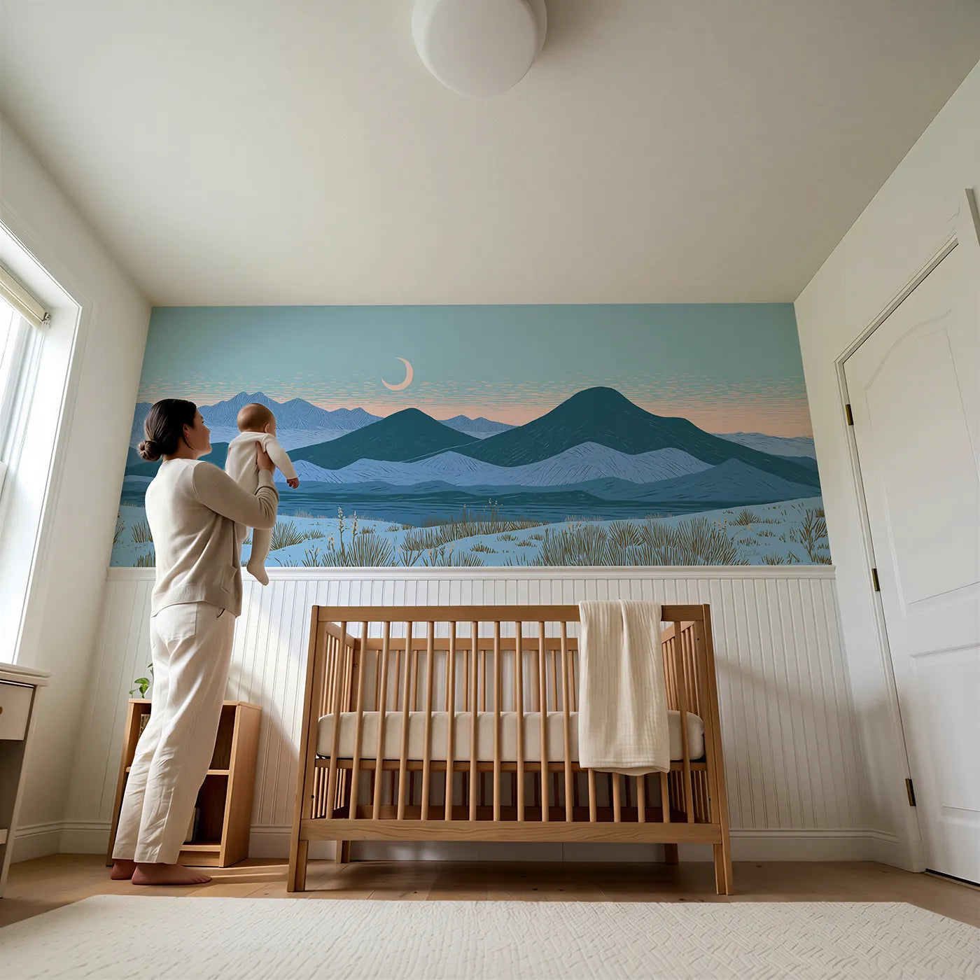 Child reading near Carved Moon At Dawn Wainscoting Wallpaper by Whimsy Tots