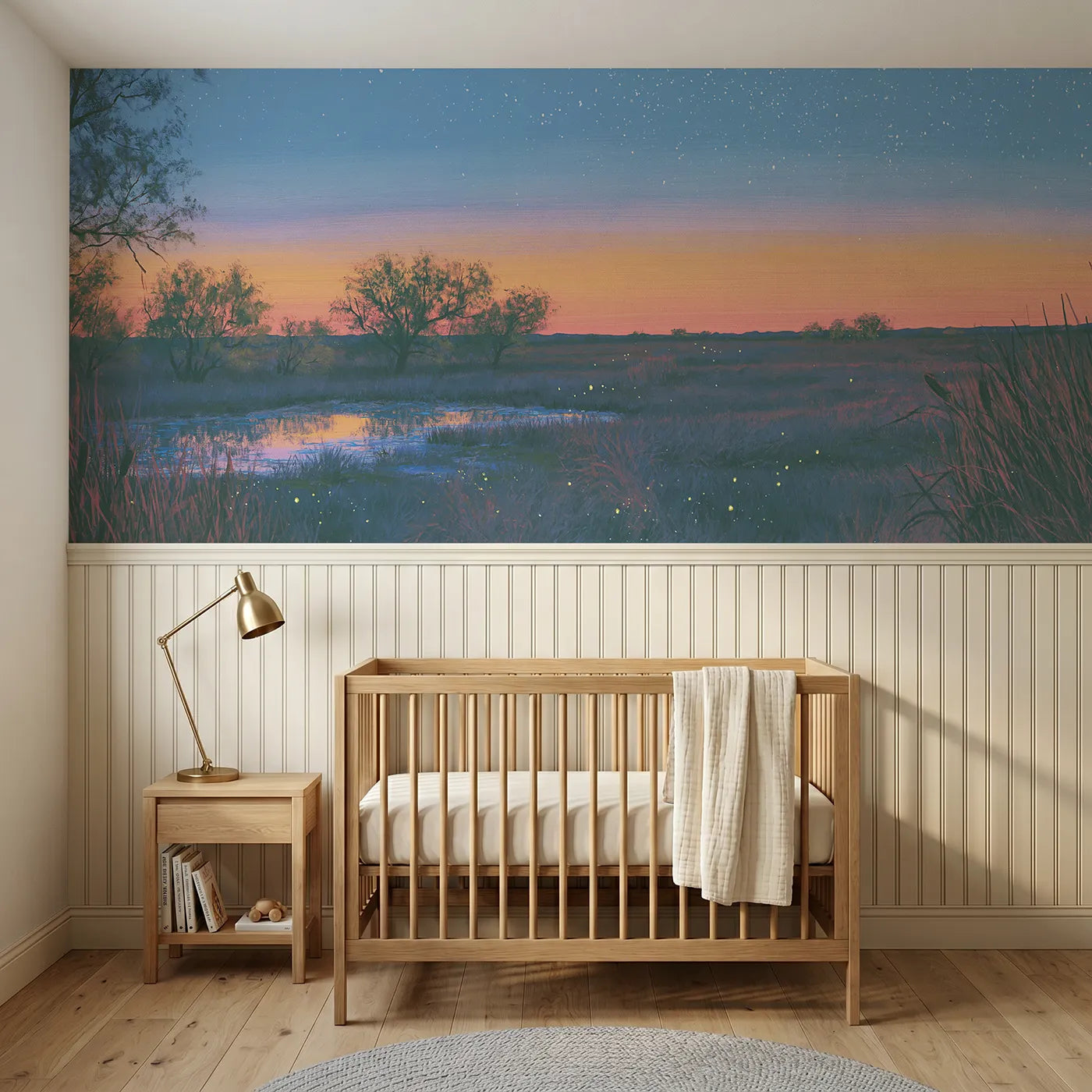 Colored pencil wainscoting mural of afterglow fading to stars by Whimsy Tots