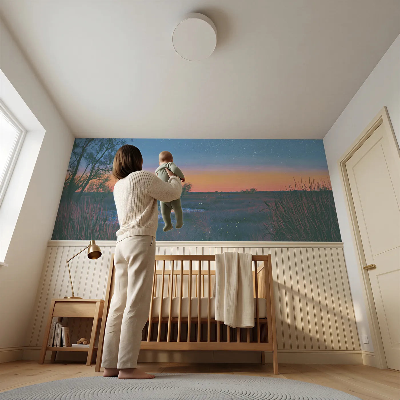 Child reading near Afterglow Quiet Horizon Wainscoting Wallpaper by Whimsy Tots
