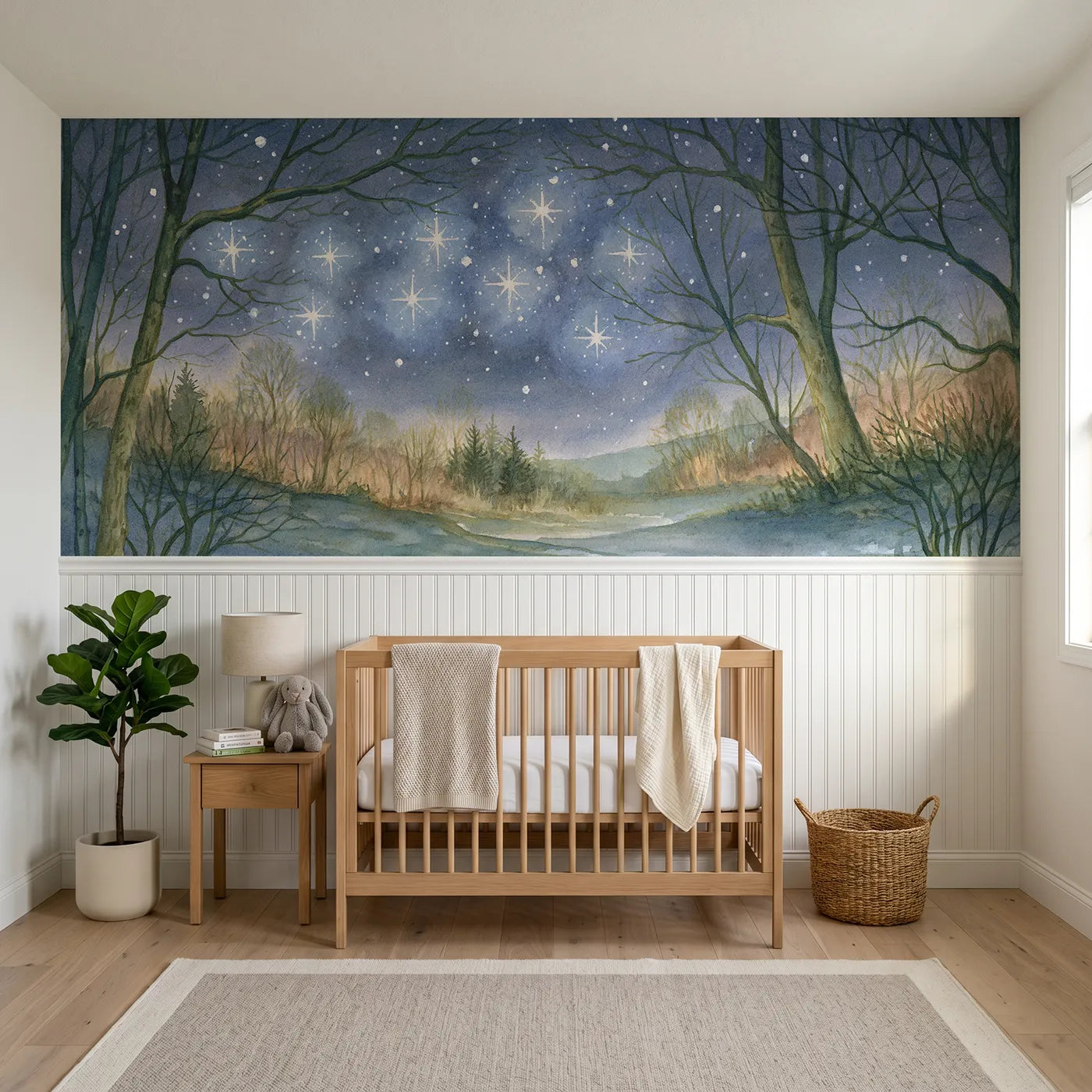 Storybook wainscoting wallpaper of the seven sisters star cluster by Whimsy Tots