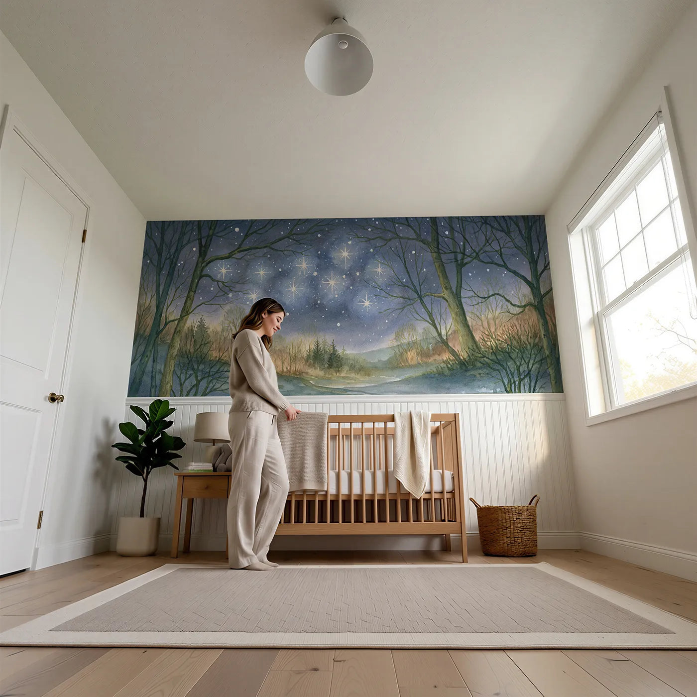 Child reading near Seven Sisters Star Cluster Wainscoting Wallpaper by Whimsy Tots