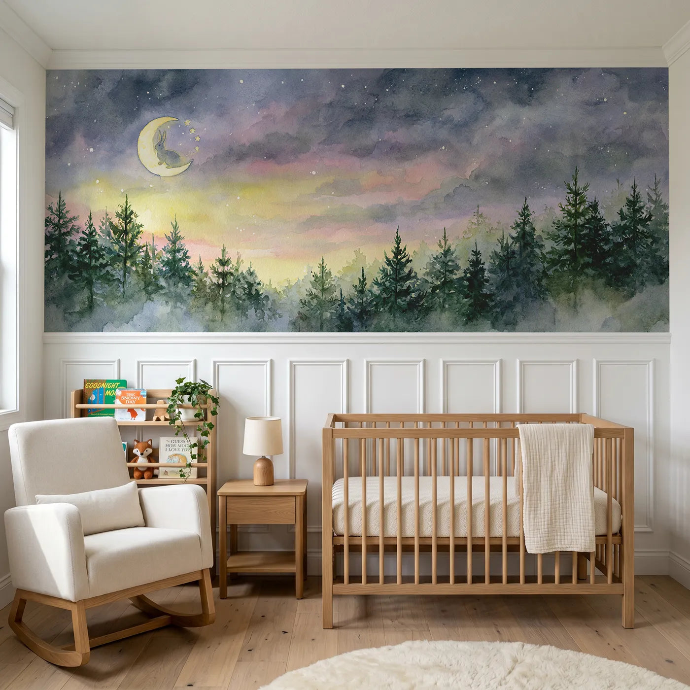 Watercolor wainscoting wallpaper of a rabbit constellation over pines by Whimsy Tots