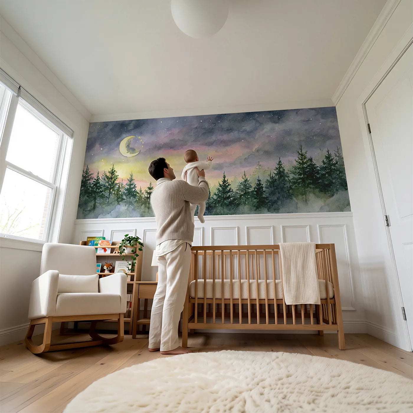 Child reading near Rabbit Stars Over Pines Wainscoting Wallpaper by Whimsy Tots