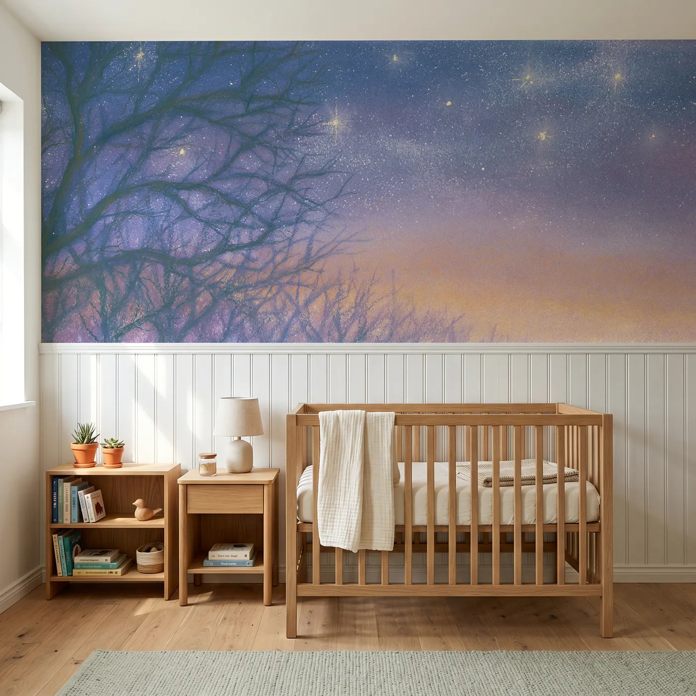 Soft pastel wainscoting wallpaper of stars between dark branches by Whimsy Tots