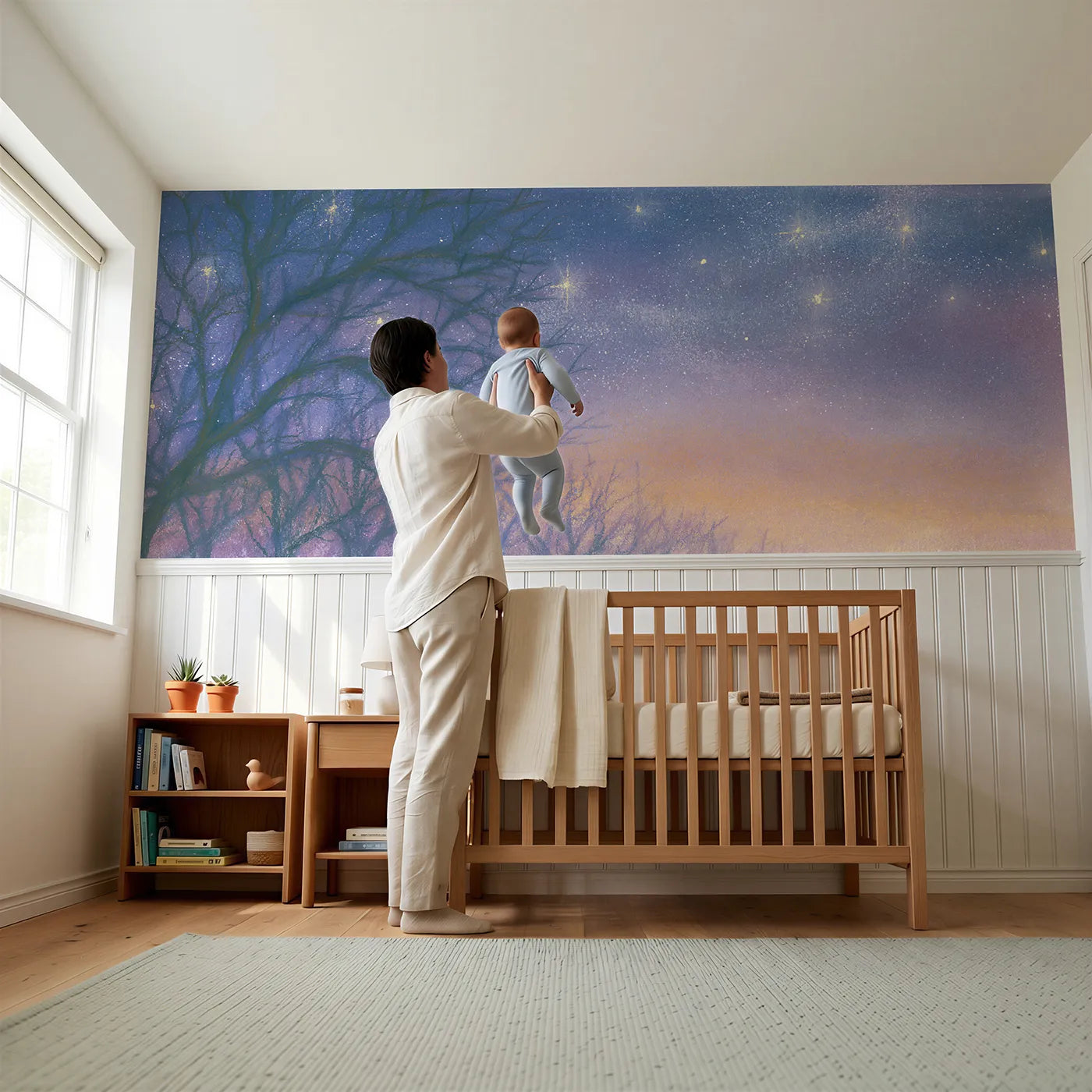 Child reading near Stars Between The Branches Wainscoting Wallpaper by Whimsy Tots
