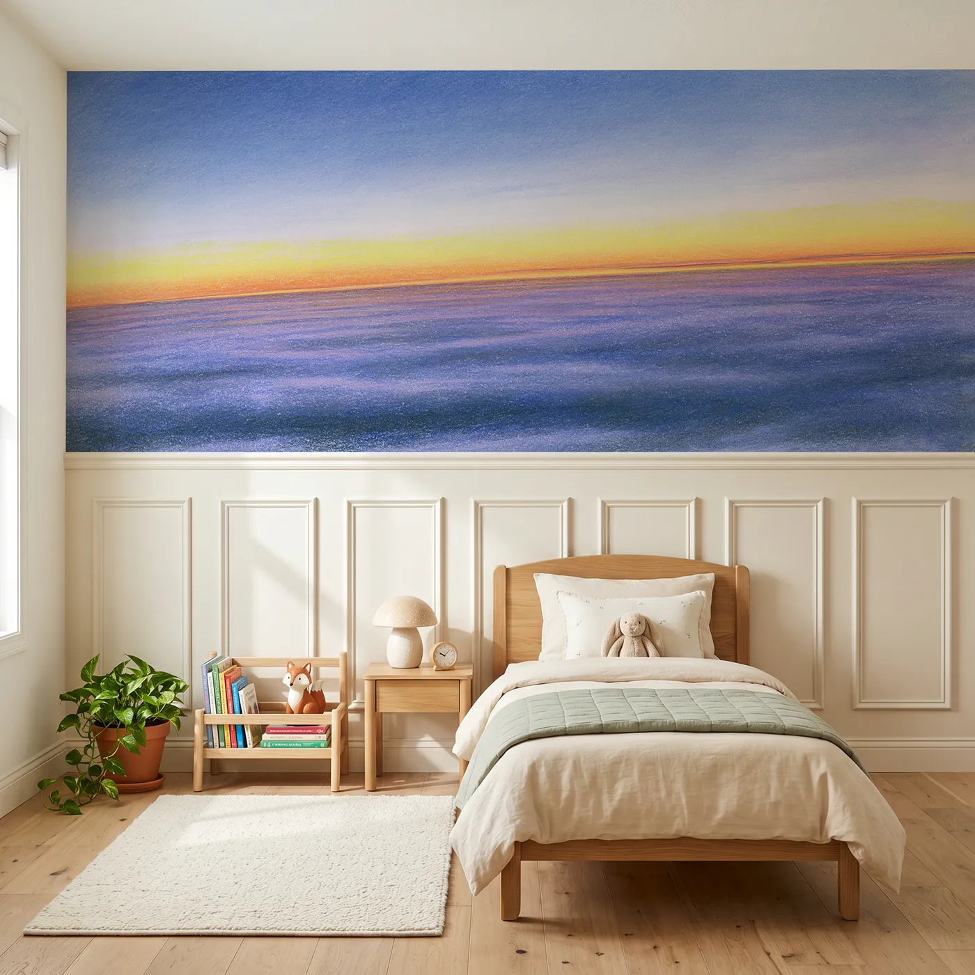 Colored pencil wainscoting mural of the quiet blue hour sky by Whimsy Tots